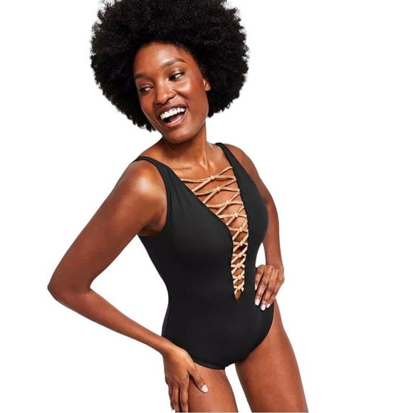 ☀️☀️☀️ Bleu Rod Beattie KORE Low Neck Lace Up One Piece Size 20W - Picture 4 of 6